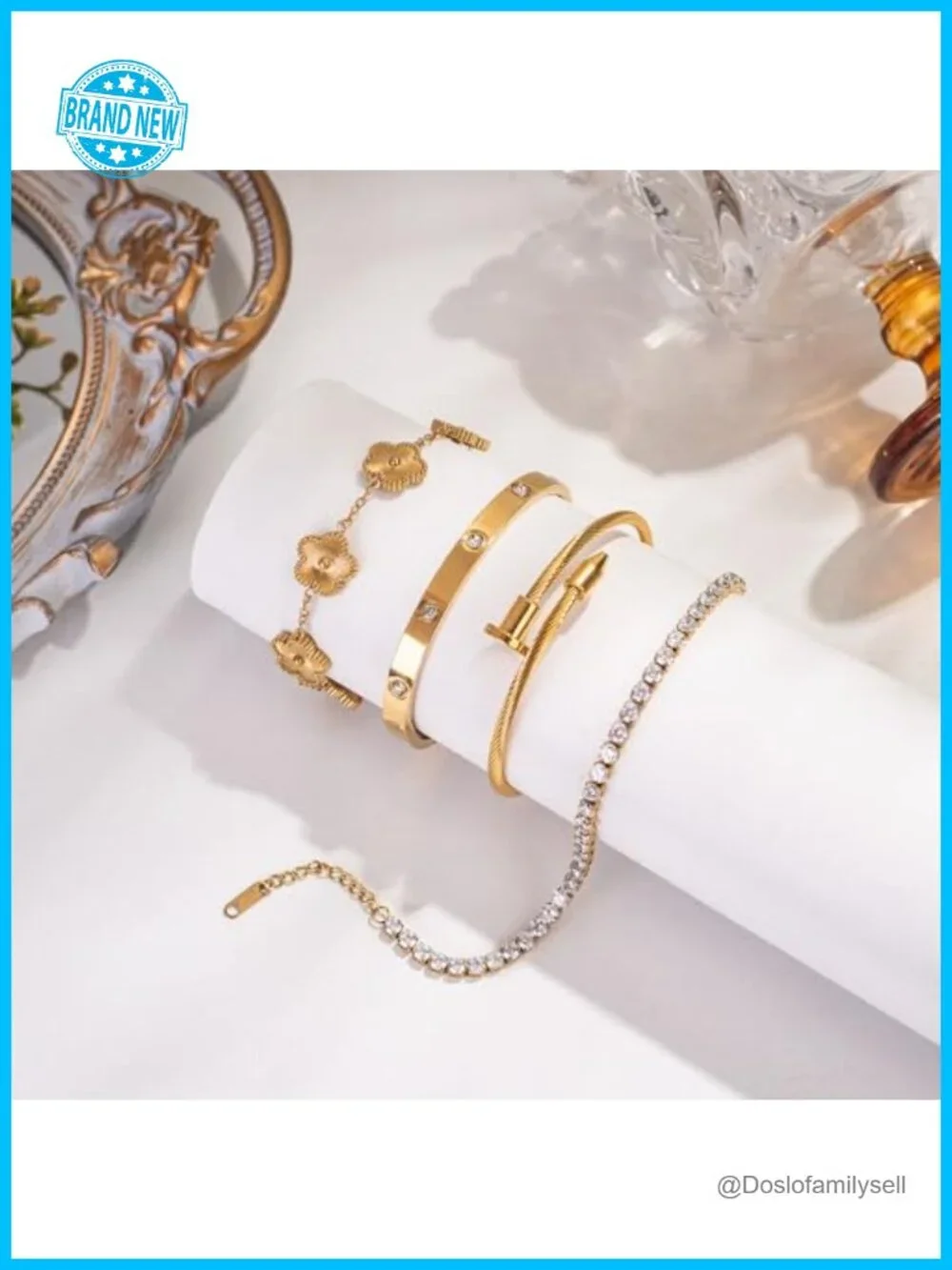 18K Gold Plated Bangle Bracelet Set Stackable Floral Adjustable Tennis Non